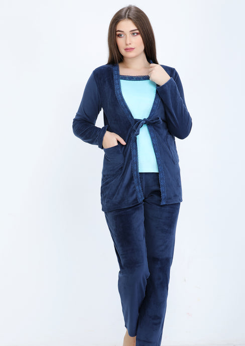 Blue navy Heidi pyjamas 3-pieces set with double-sided lining