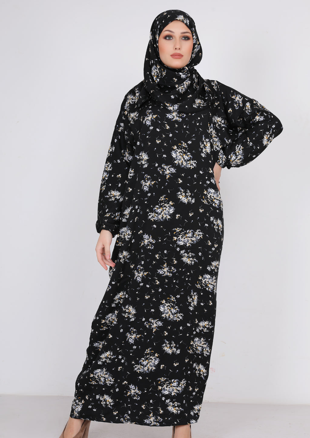 Imported Viscose Abaya with Colorful Rose Pattern - Black 
