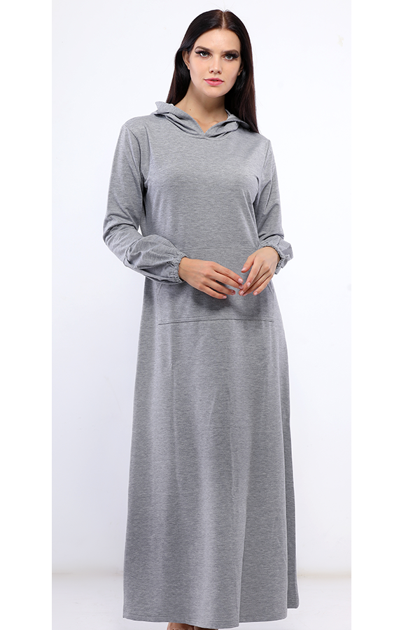 فستان سادة بجيوب وكابيشوه رمادى - pumpkinU