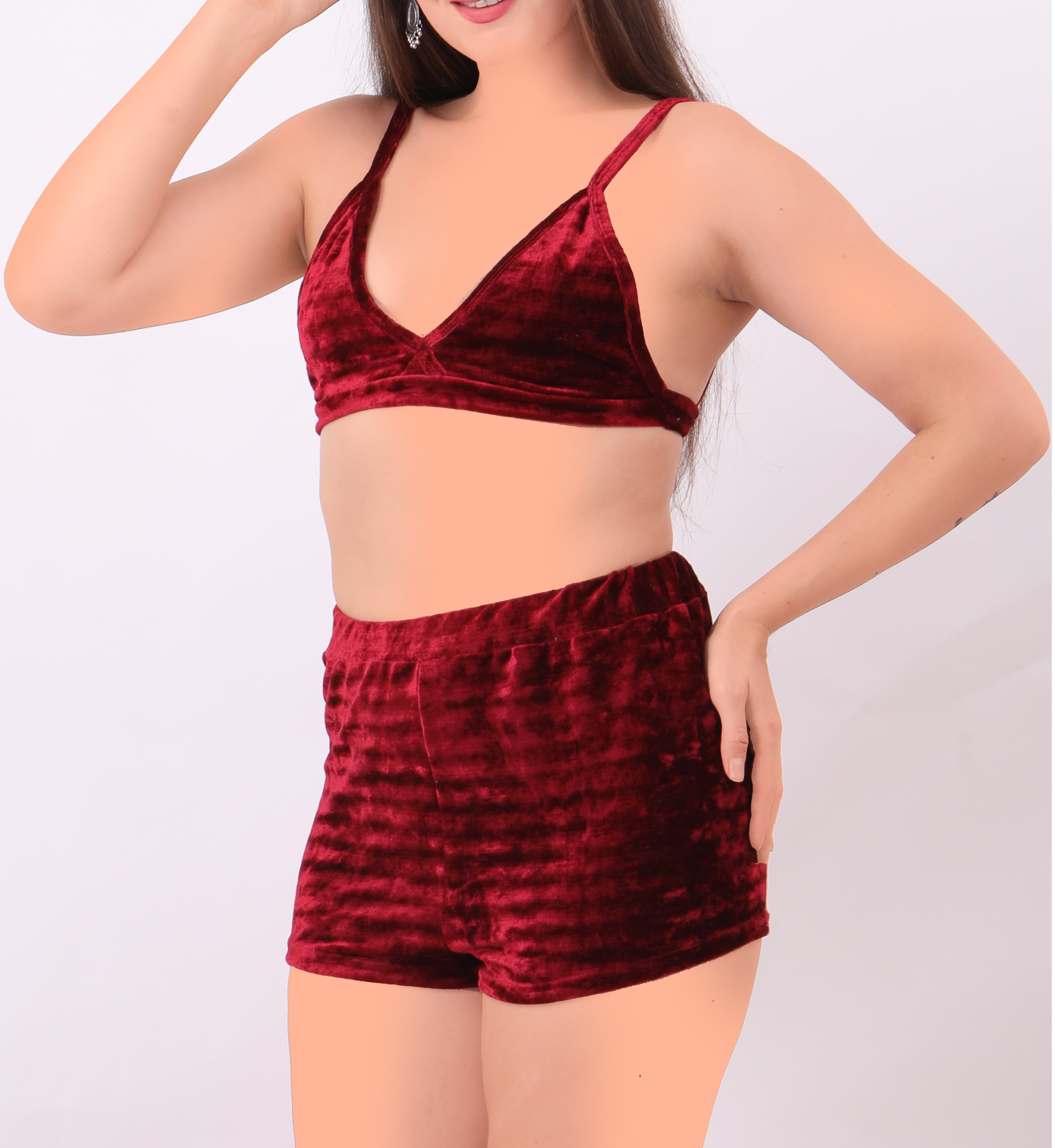 Enemble top et short en tissu beurre couleur lie de vin