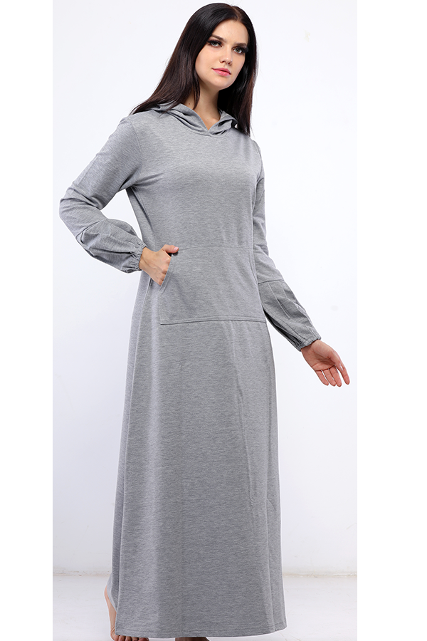 فستان سادة بجيوب وكابيشوه رمادى - pumpkinU