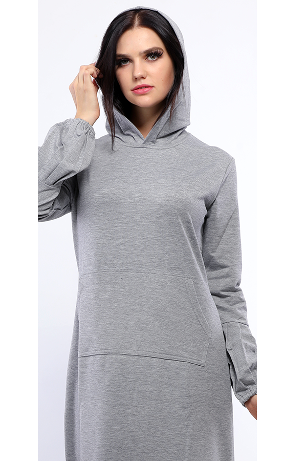 فستان سادة بجيوب وكابيشوه رمادى - pumpkinU