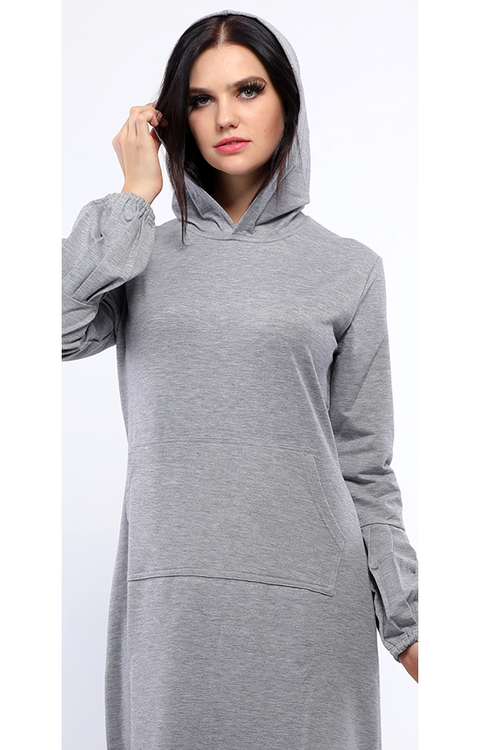 فستان سادة بجيوب وكابيشوه رمادى - pumpkinU