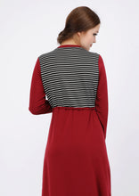 Load image into Gallery viewer, Burgundy sports Abaya with an inner belt and black chest with white stripes