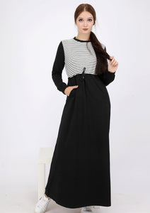 Black sports Abaya with an inner belt, white chest and white stripes