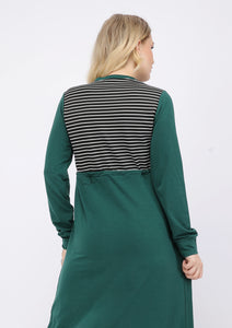 Green sports Abaya with an inner belt, black chest and white stripes