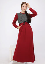Load image into Gallery viewer, Burgundy sports Abaya with an inner belt and black chest with white stripes