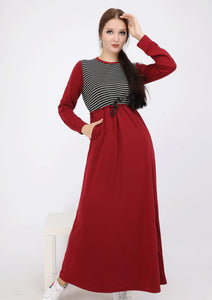 Burgundy sports Abaya with an inner belt and black chest with white stripes