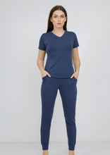 Load image into Gallery viewer, Plain navy blue cotton lycra pajamas with short sleeves and a seven-point collar