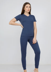 Plain navy blue cotton lycra pajamas with short sleeves and a seven-point collar