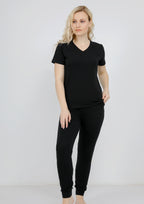 بيجاما قطن ليكرا سادة أسود كم قصير ياقة سبعة