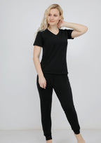 بيجاما قطن ليكرا سادة أسود كم قصير ياقة سبعة