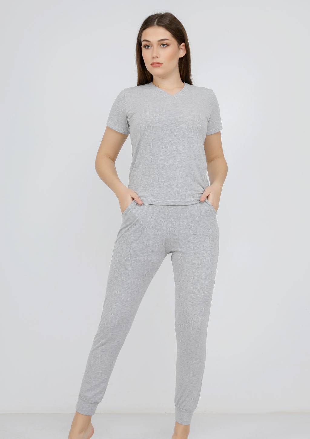 بيجاما قطن ليكرا سادة شانيه كم قصير ياقة سبعة