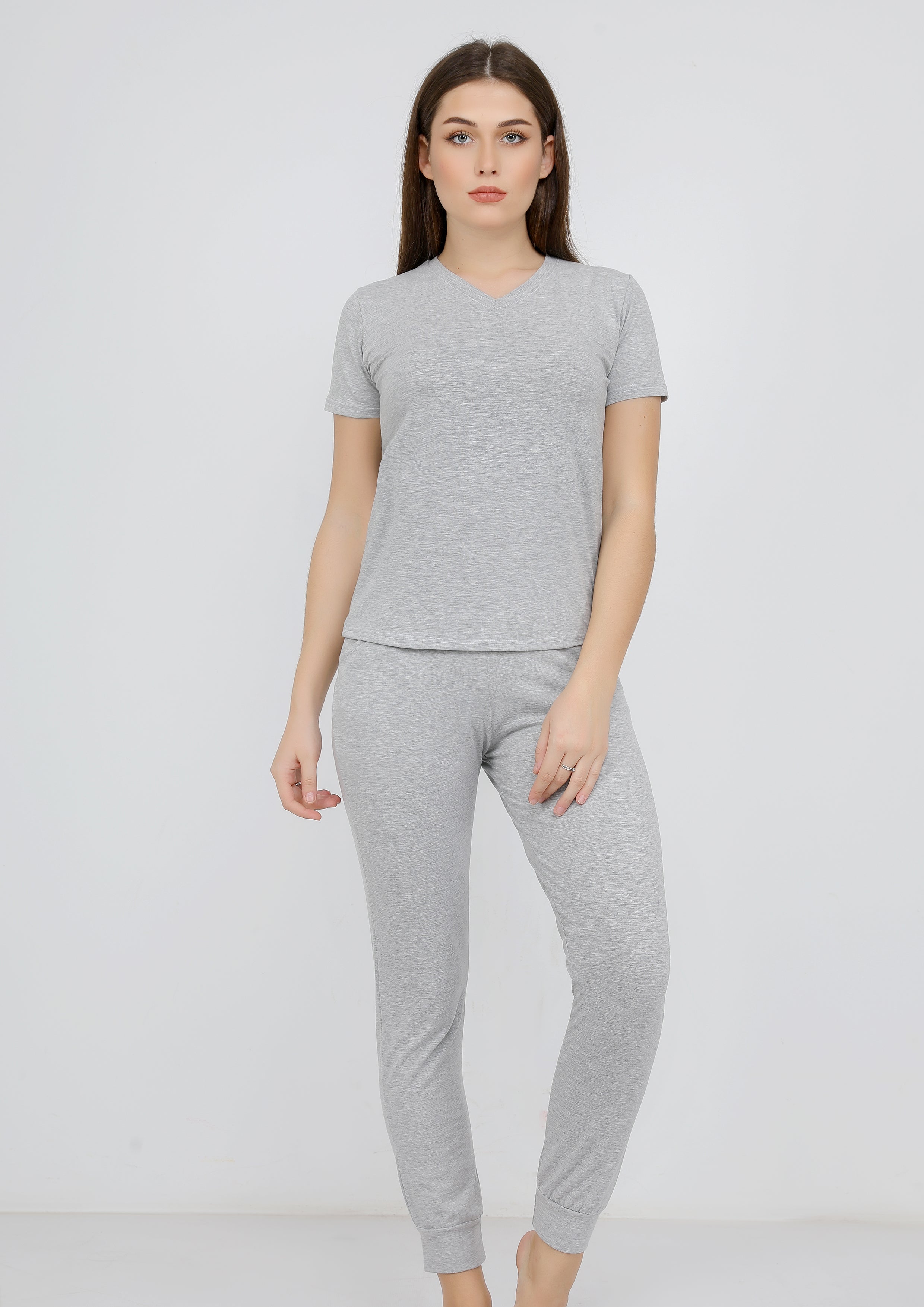 بيجاما قطن ليكرا سادة شانيه كم قصير ياقة سبعة