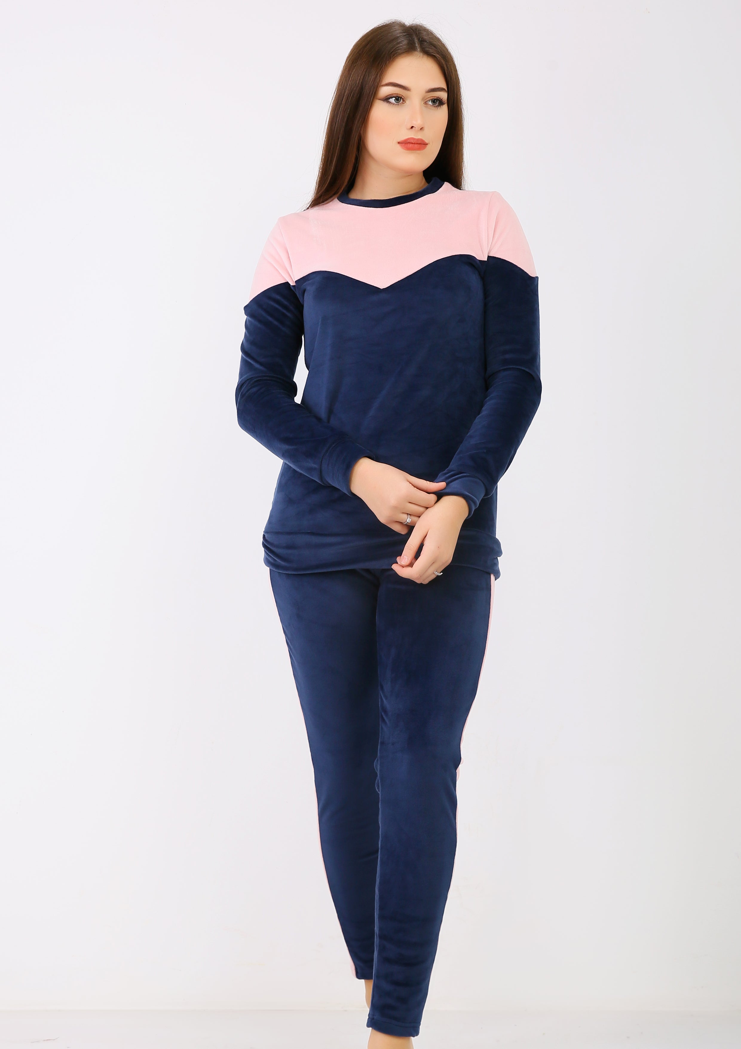 بيجاما هايدي مبطن من الوشين كحلي - بصدر علوي وخطين جانبي روز