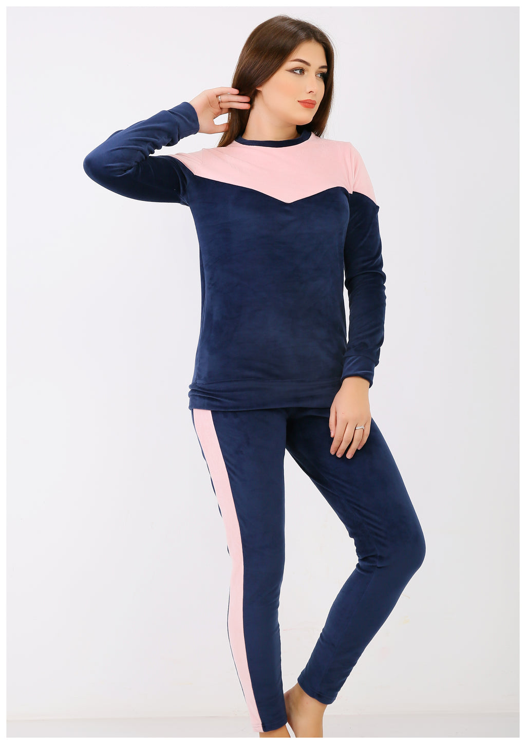 بيجاما هايدي مبطن من الوشين كحلي - بصدر علوي وخطين جانبي روز