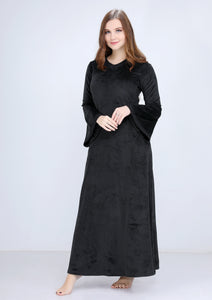 Abaya heidi noire unie à manches longues et dentelle avec doublage des deux côtés