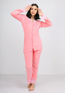 Pyjama heidi rose à doublure des deux faces avec dentelle