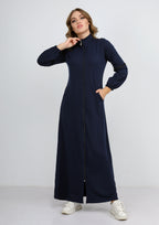 Abaya sport bleu marine uni à col haut avec fermeture éclair et poches