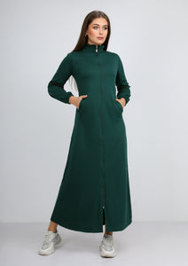 Abaya sport couleur olive unie à col haut avec fermeture éclair et poches