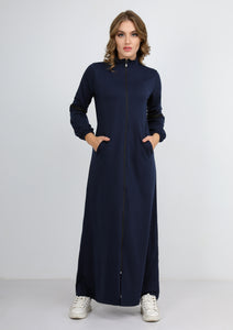 Abaya sport bleu marine uni à col haut avec fermeture éclair et poches