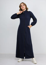 Load image into Gallery viewer, Blue navy plain high neck sport Abaya with zipper and pockets