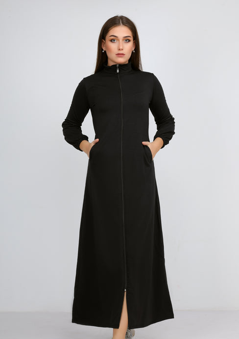 Abaya sport noire unie à col haut avec fermeture éclair et poches