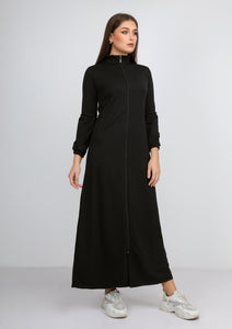Abaya sport noire unie à col haut avec fermeture éclair et poches