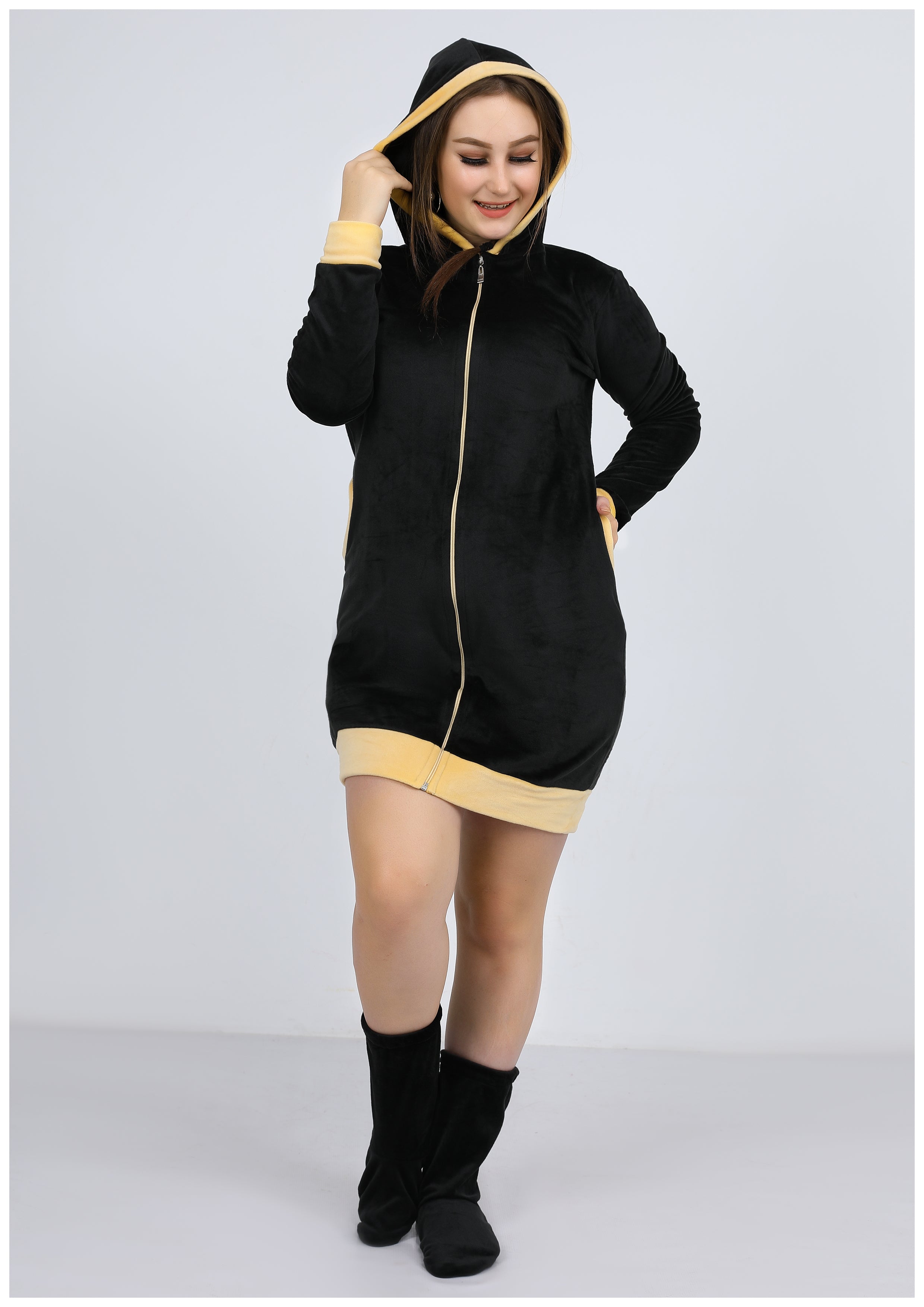 Black and yellow short Heidi dress with lining on both sides, hood and zipper