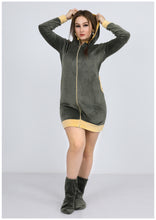 Load image into Gallery viewer, olive and yellow short Heidi dress with lining on both sides, hood and zipper