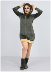 olive and yellow short Heidi dress with lining on both sides, hood and zipper