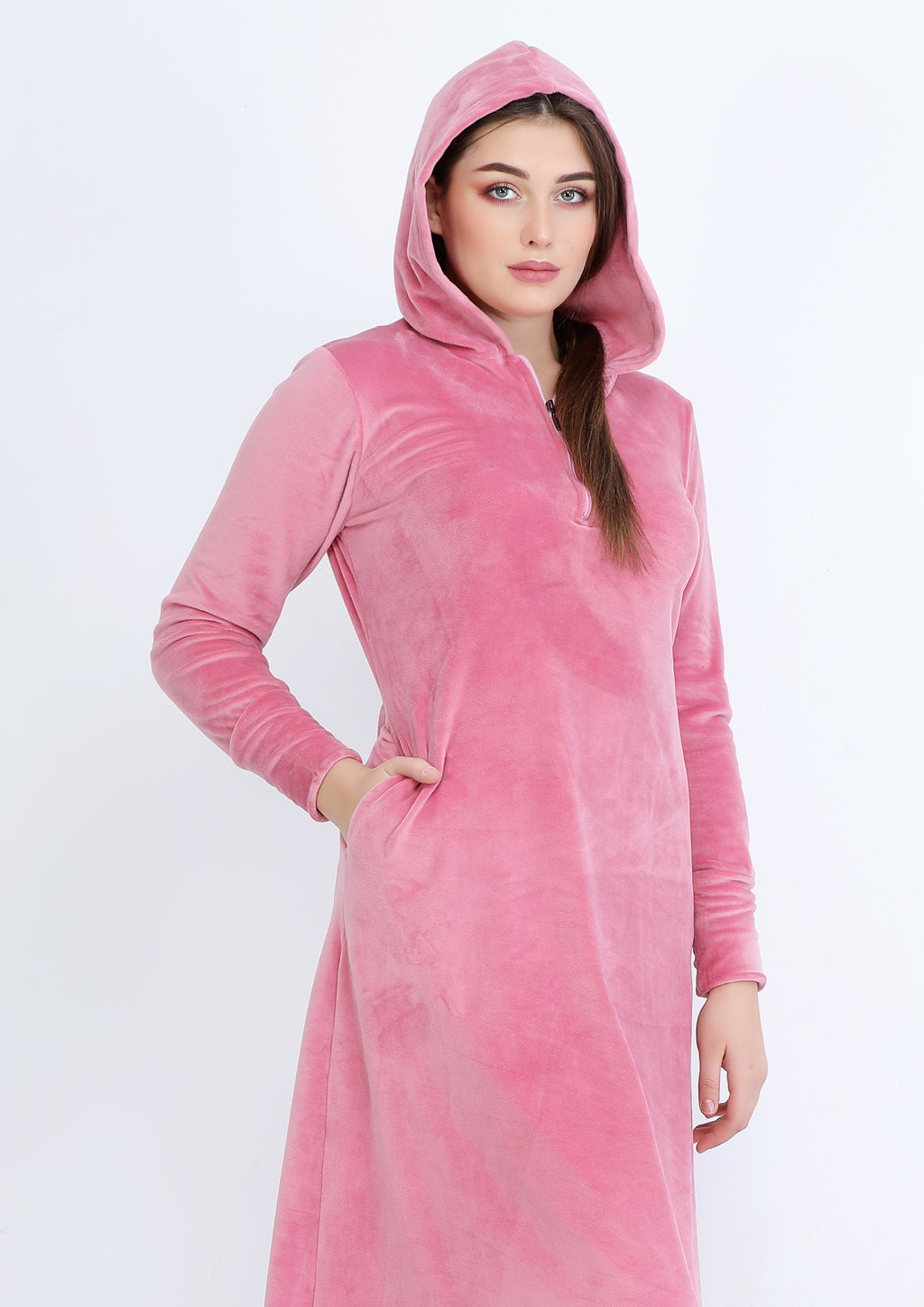 Plain cashmere velvet abaya with hood and zipper on the chest