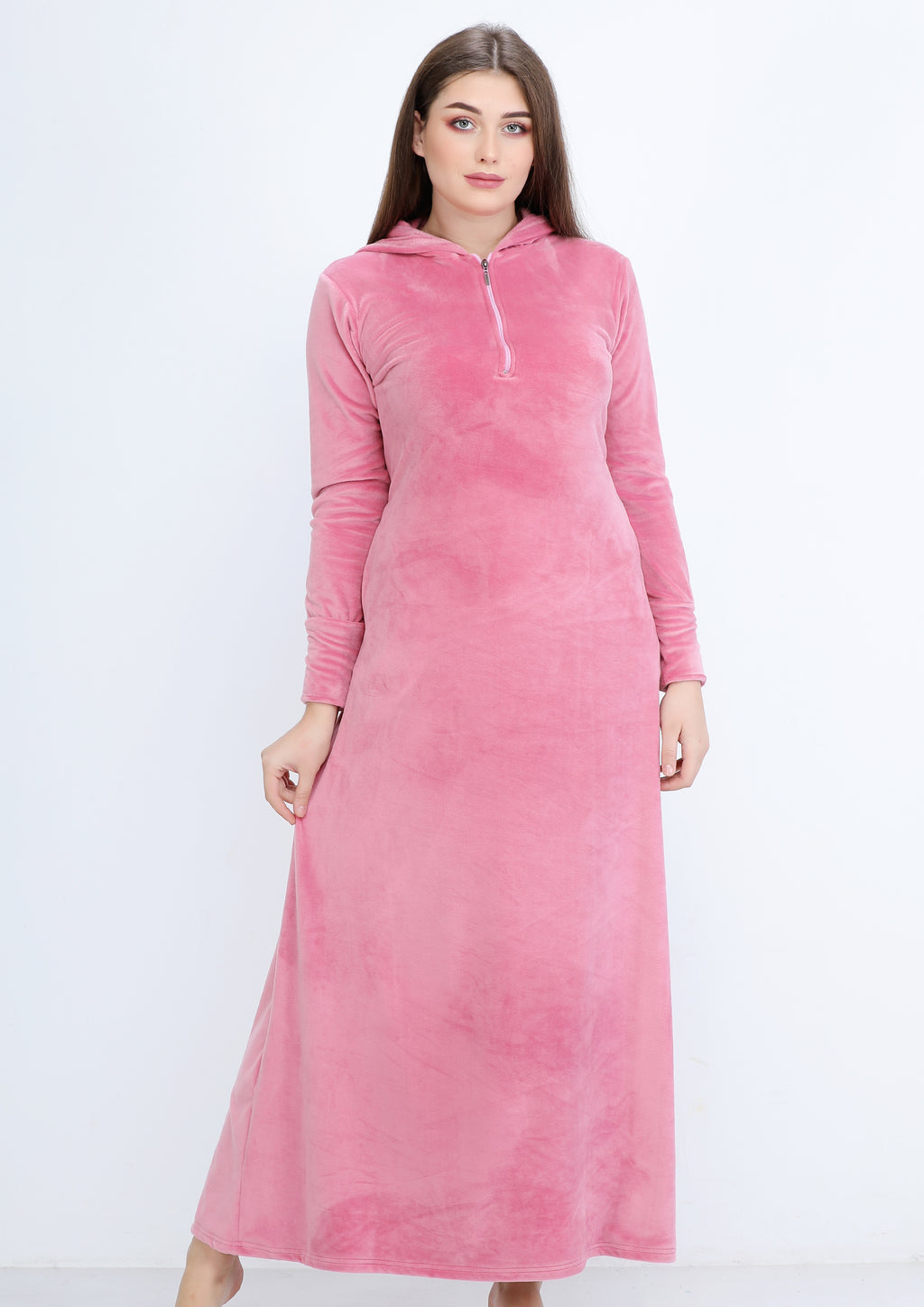 Plain cashmere velvet abaya with hood and zipper on the chest