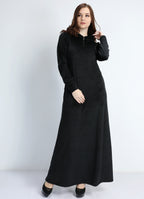 Abaya en velours noire unie avec capuchon et fermeture éclair sur la poitrine