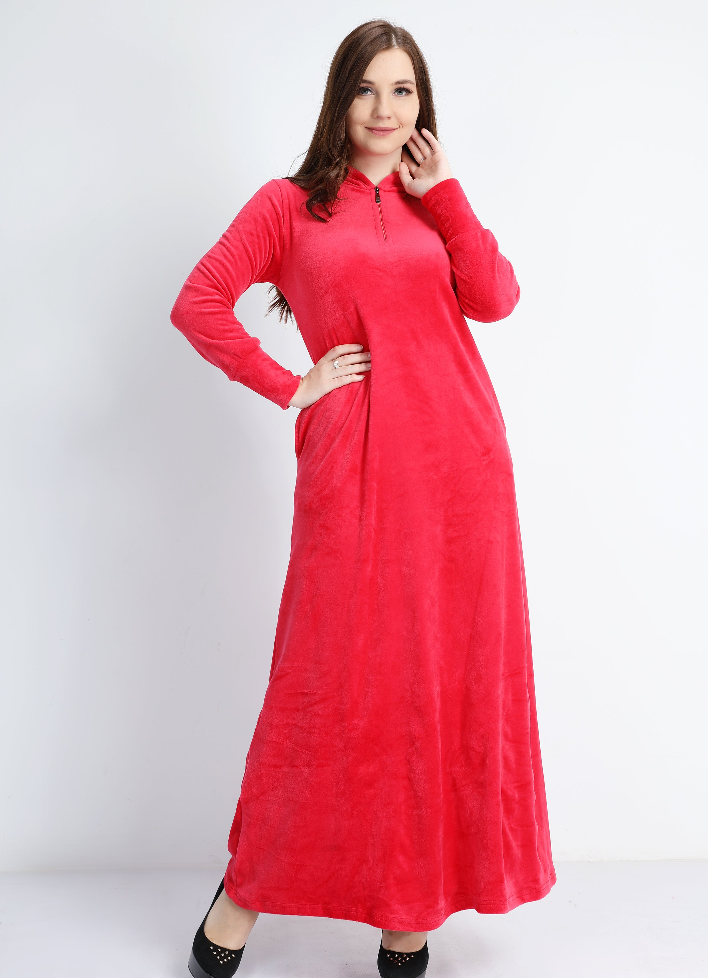 Plain red velvet abaya with hood and zipper on the chest