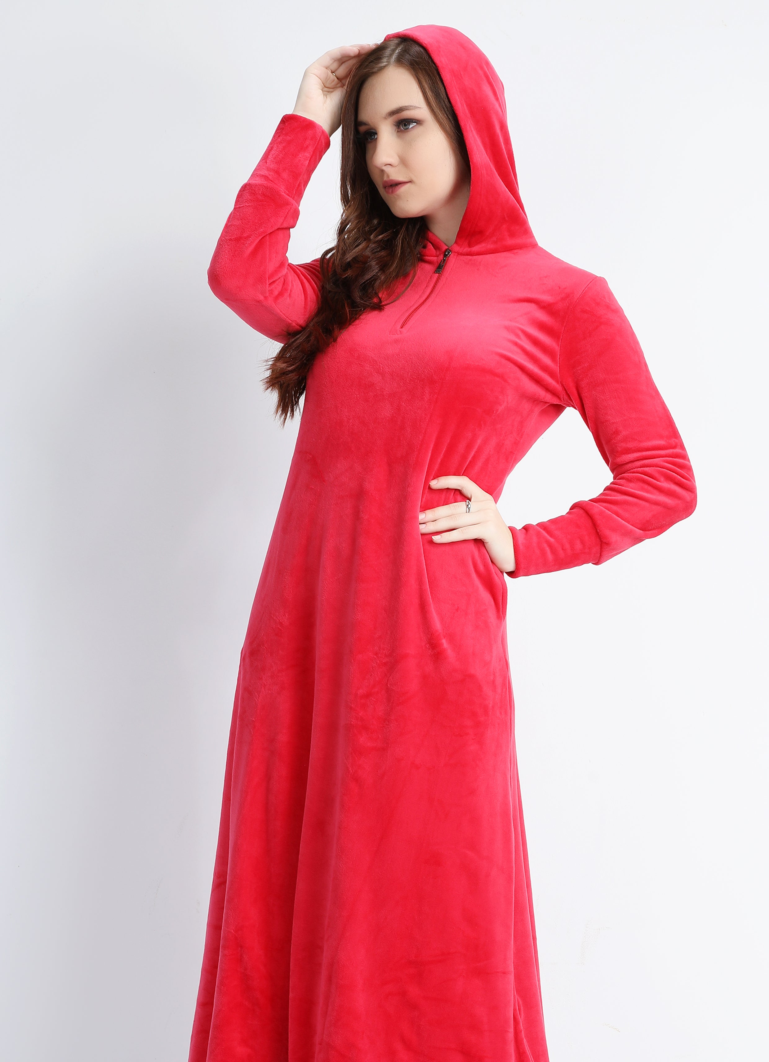 Plain red velvet abaya with hood and zipper on the chest