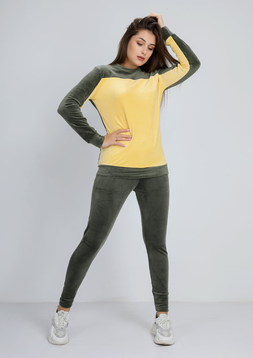Olive Heidi pajamas with lining on both sides with chest and inside arms in yellow color