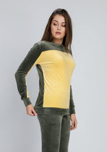 Load image into Gallery viewer, Olive Heidi pajamas with lining on both sides with chest and inside arms in yellow color