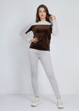 Load image into Gallery viewer, Gray Heidi pajamas with lining on both sides with chest and inside arms in brown color