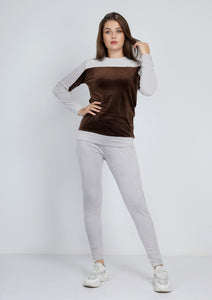 Gray Heidi pajamas with lining on both sides with chest and inside arms in brown color