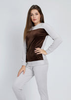 Gray Heidi pajamas with lining on both sides with chest and inside arms in brown color