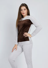 Load image into Gallery viewer, Gray Heidi pajamas with lining on both sides with chest and inside arms in brown color
