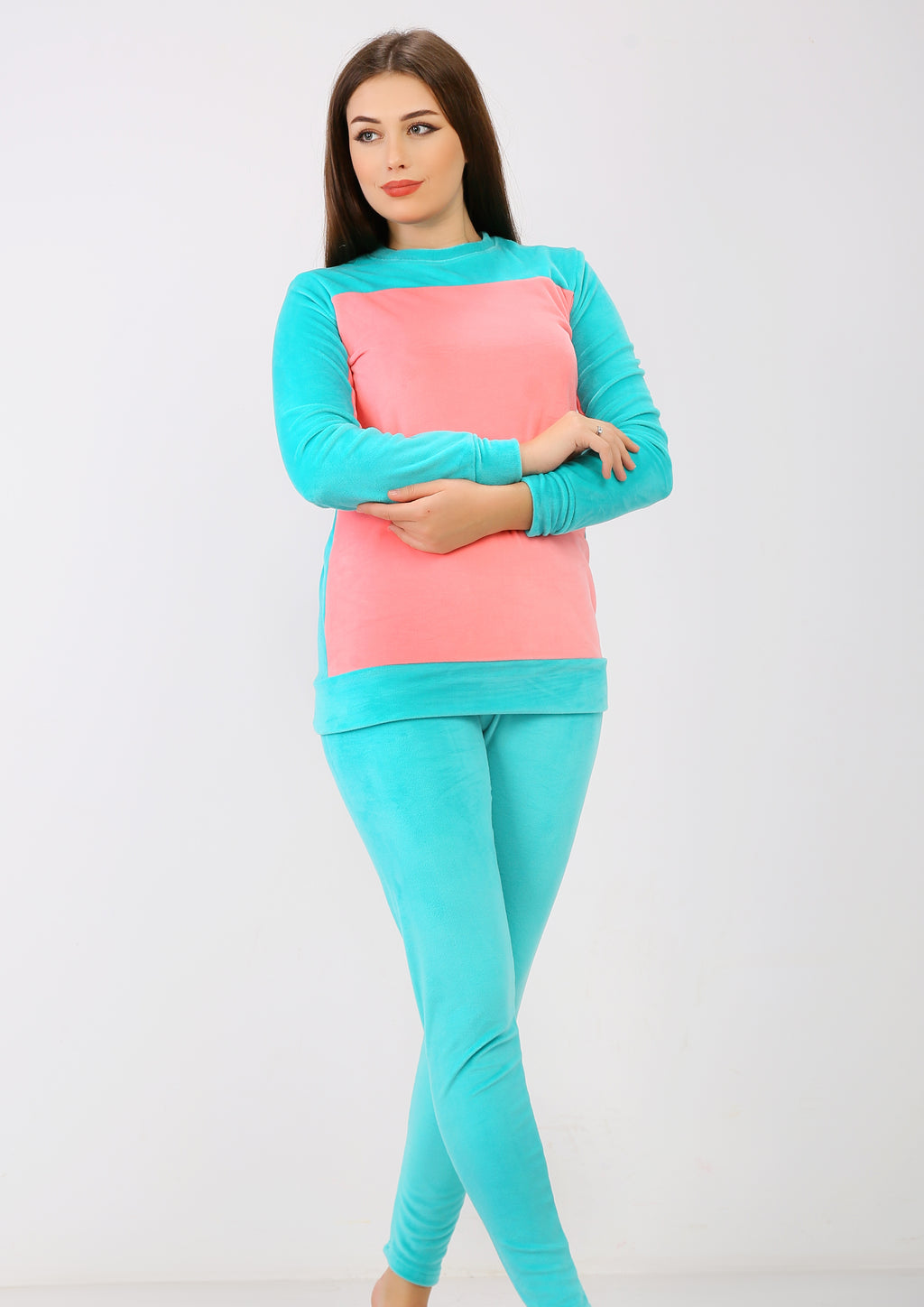 Turquoise Heidi pajamas with lining on both sides with chest and inside arms in pink color