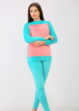 Charger l&#39;image dans la galerie, Pyjama heidi turquoise avec doublure des deux faces à poitrine et intérieur des bras en rose