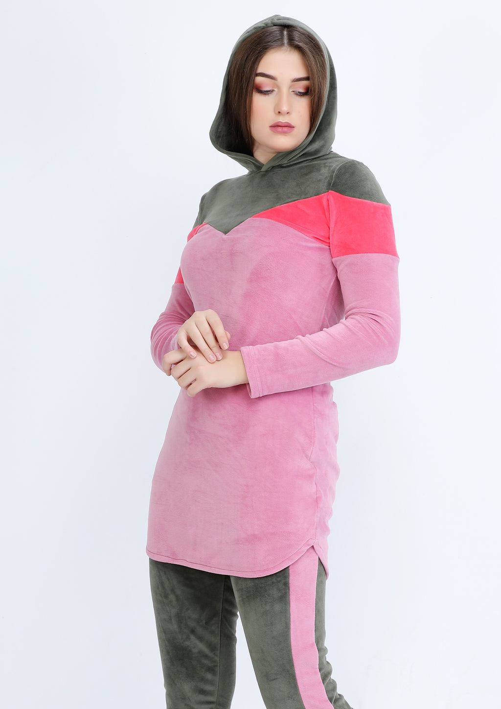 Purple and olive fur heidi pajamas with double-sided lining and hood