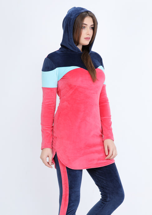 Dark pink and blue navy Heidi pajamas with double-sided lining and hood