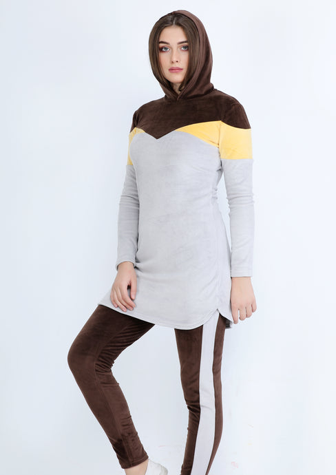 Gray and brown Heidi pajamas with double-sided lining and hood