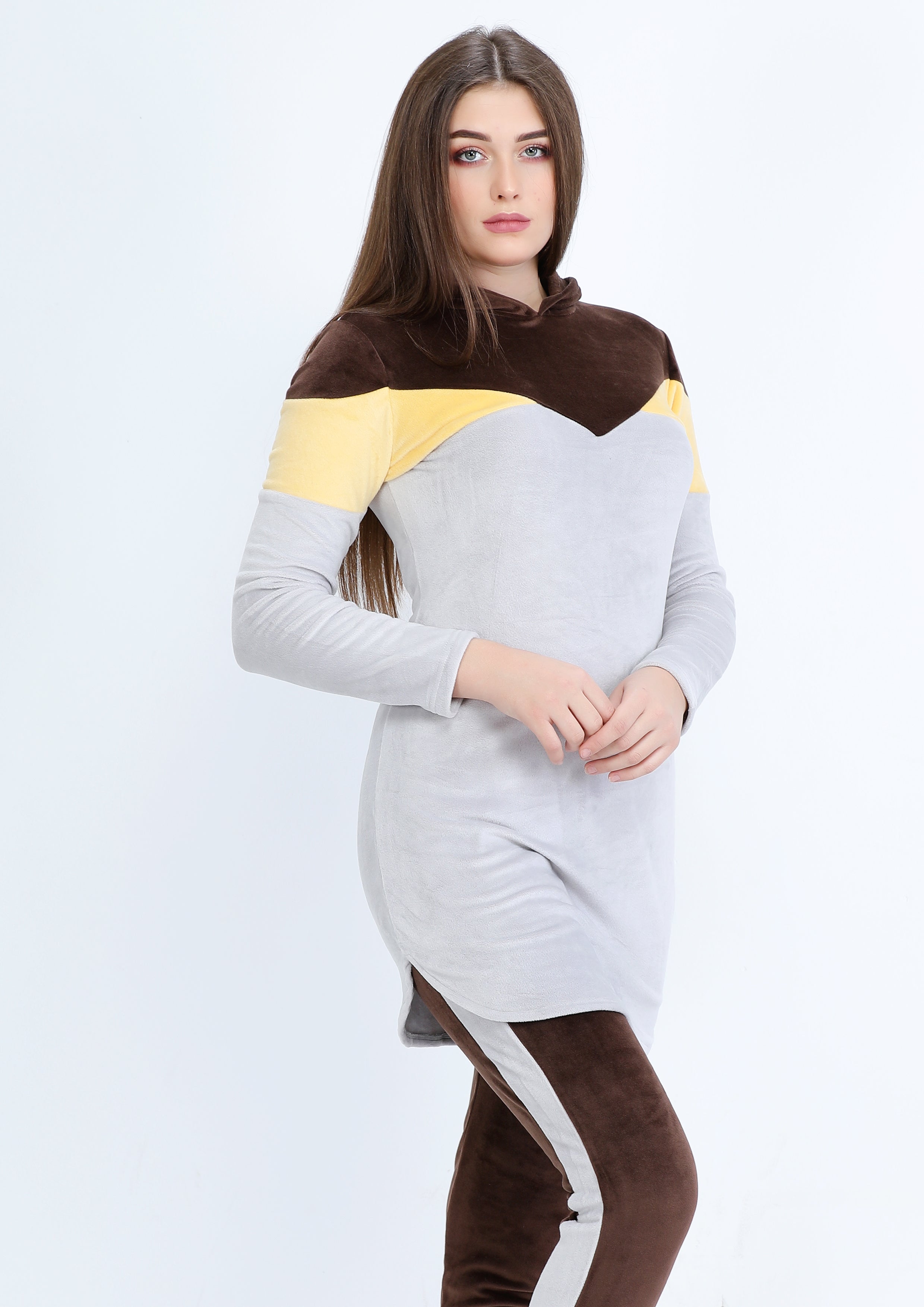 Gray and brown Heidi pajamas with double-sided lining and hood