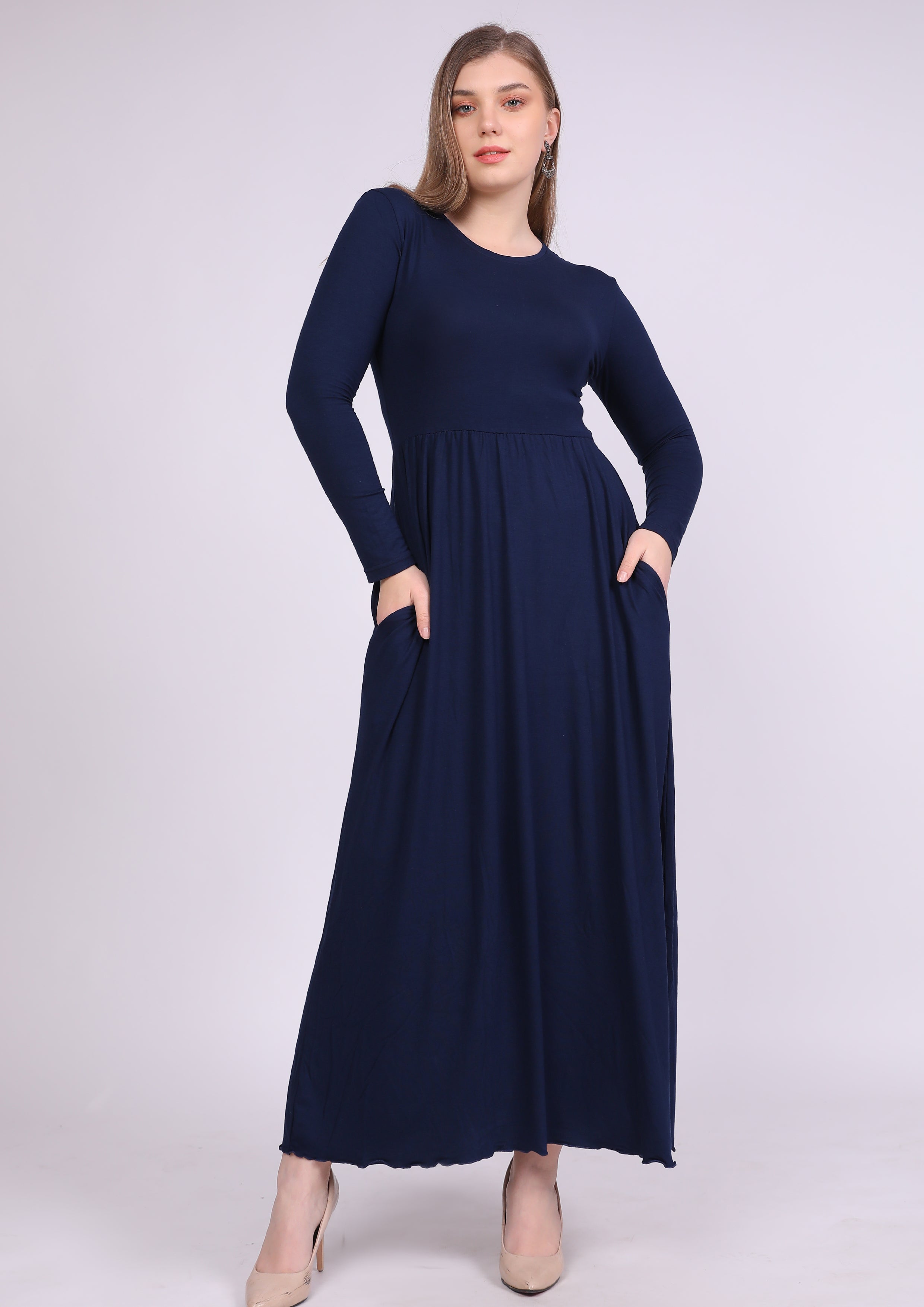 Natural viscose dress with elastic waist and pockets, navy blue