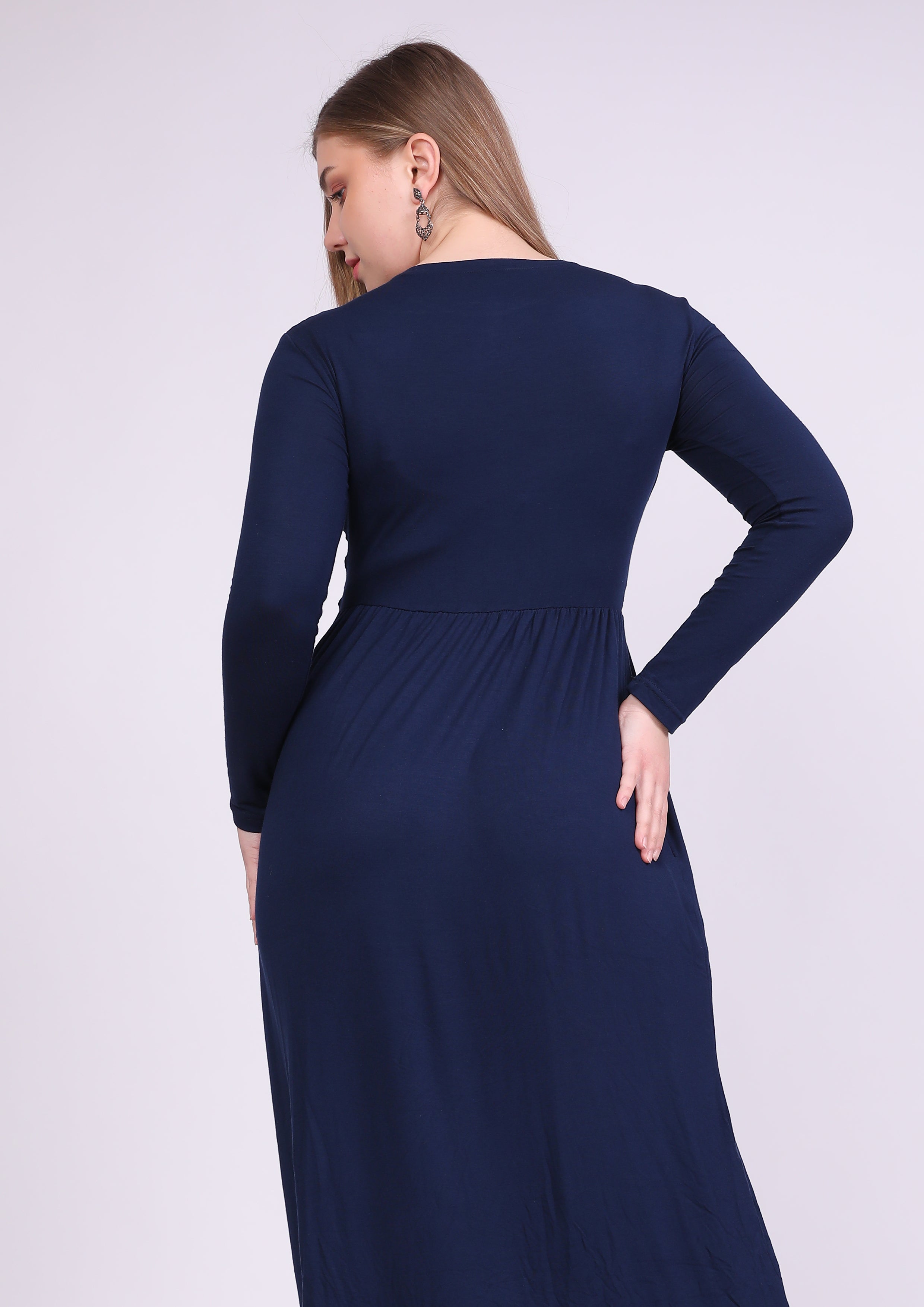 Natural viscose dress with elastic waist and pockets, navy blue
